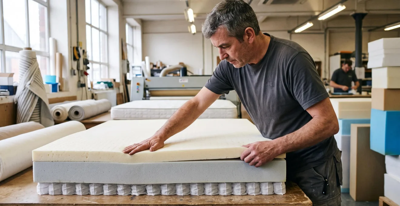 Artisan assemblant les différentes couches de mousse d'un matelas dans un atelier de fabrication