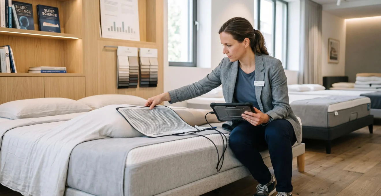 Spécialiste en ergonomie mesurant la répartition des points de pression sur un matelas avec un outil de mesure