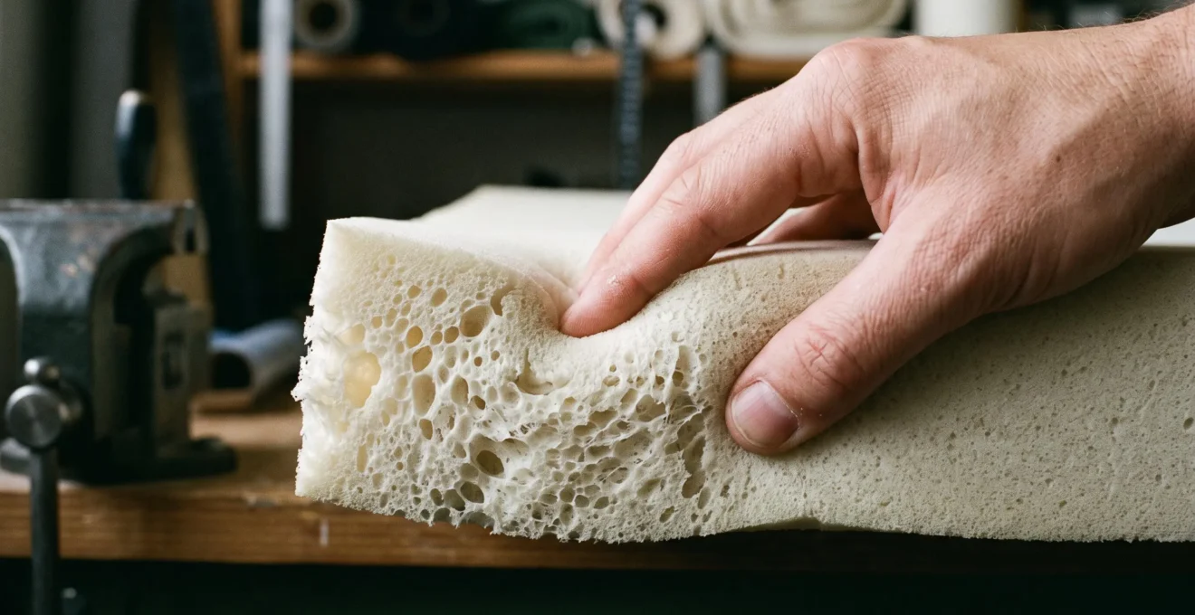 Gros plan sur de la mousse haute résilience de matelas avec une main testant sa densité et sa fermeté