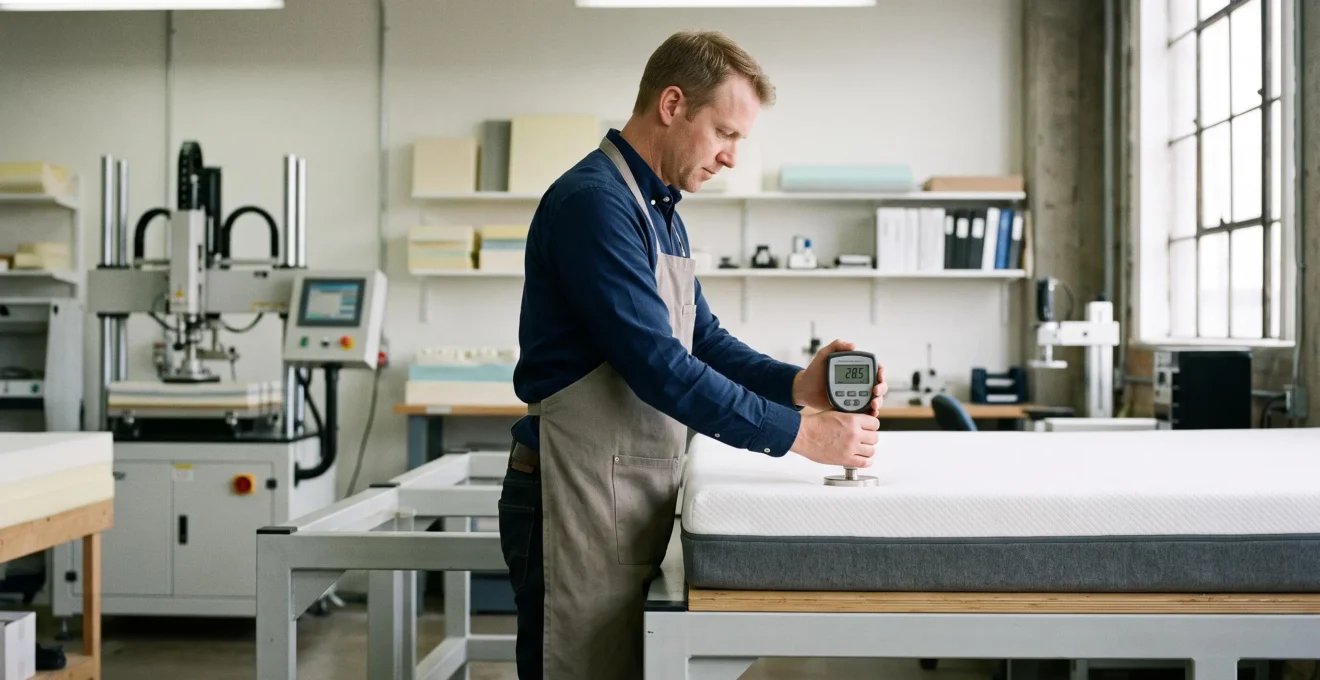 Technicien réalisant un test de compression sur un matelas dans un laboratoire de contrôle qualité