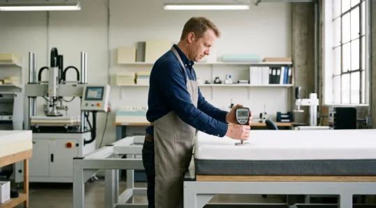 Technicien réalisant un test de compression sur un matelas dans un laboratoire de contrôle qualité